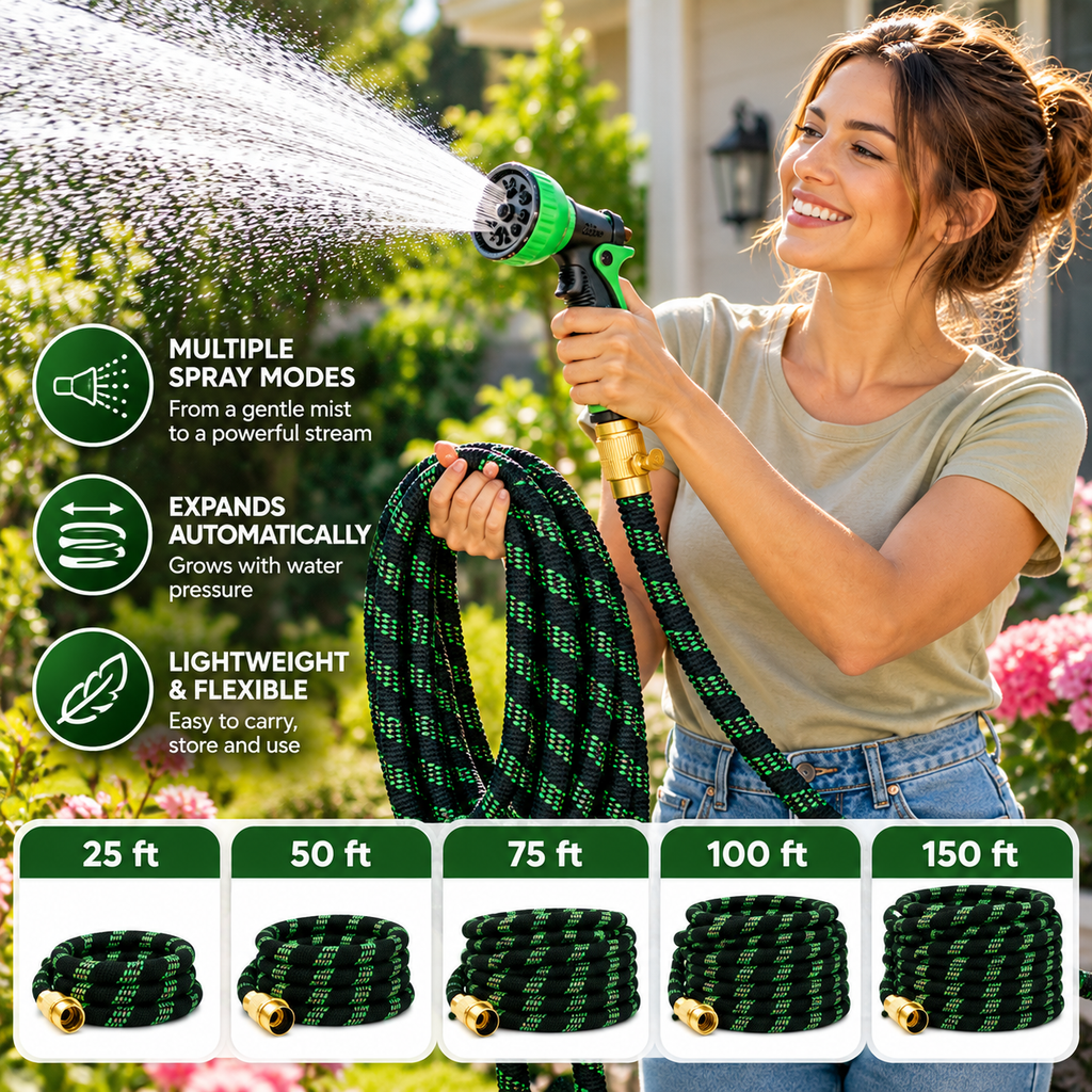 Flexible Garden Hose with 10-Pattern Spray Nozzle – Up to 150FT Ama