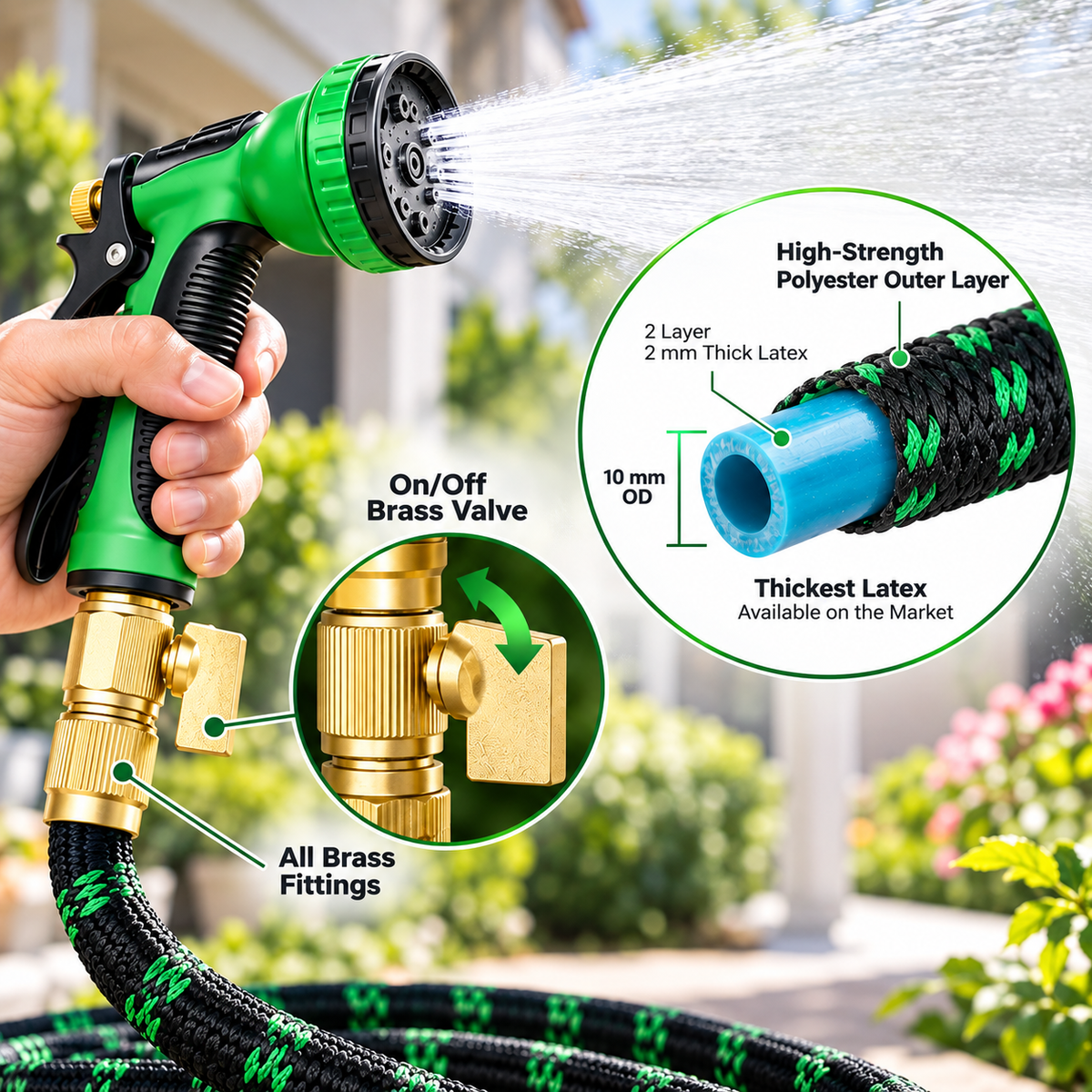 Flexible Garden Hose with 10-Pattern Spray Nozzle – Up to 150FT Ama