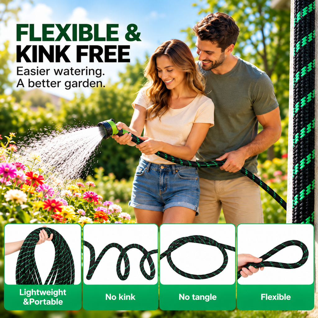 Flexible Garden Hose with 10-Pattern Spray Nozzle – Up to 150FT Ama