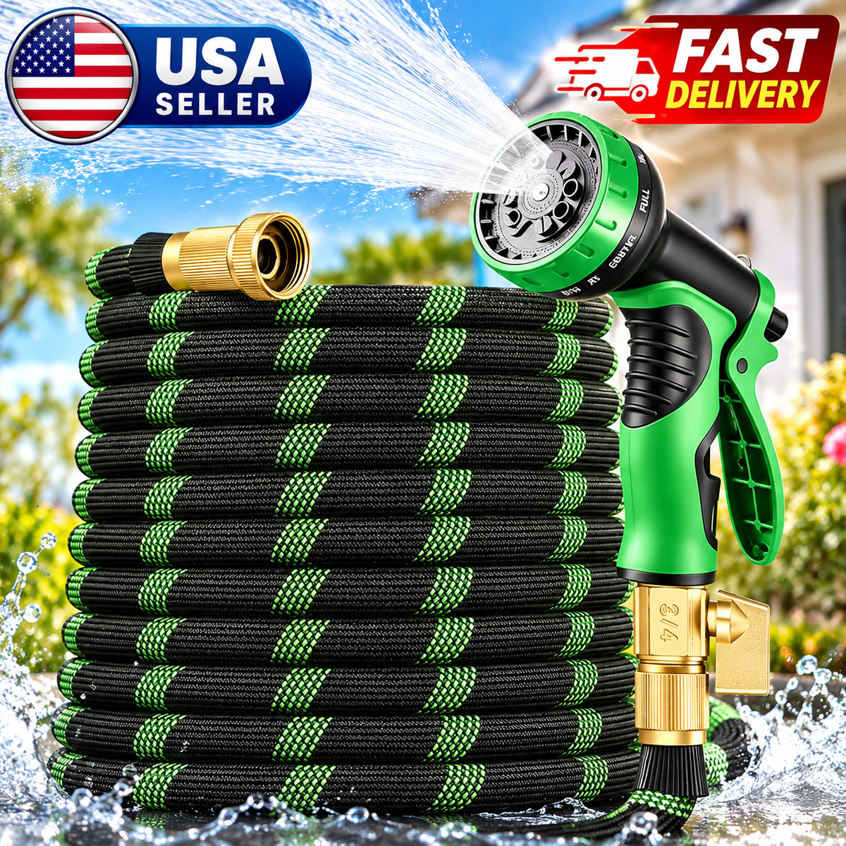 Flexible Garden Hose with 10-Pattern Spray Nozzle – Up to 150FT Ama