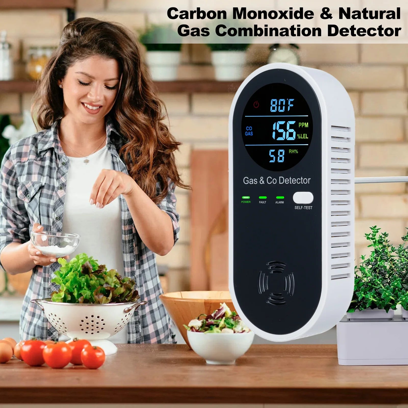 4 in 1 CO Monitor Alarm with LCD Display Carbon Monoxide & Natural Gas Combination Detector Plug in Wall Detectors CO & Natural