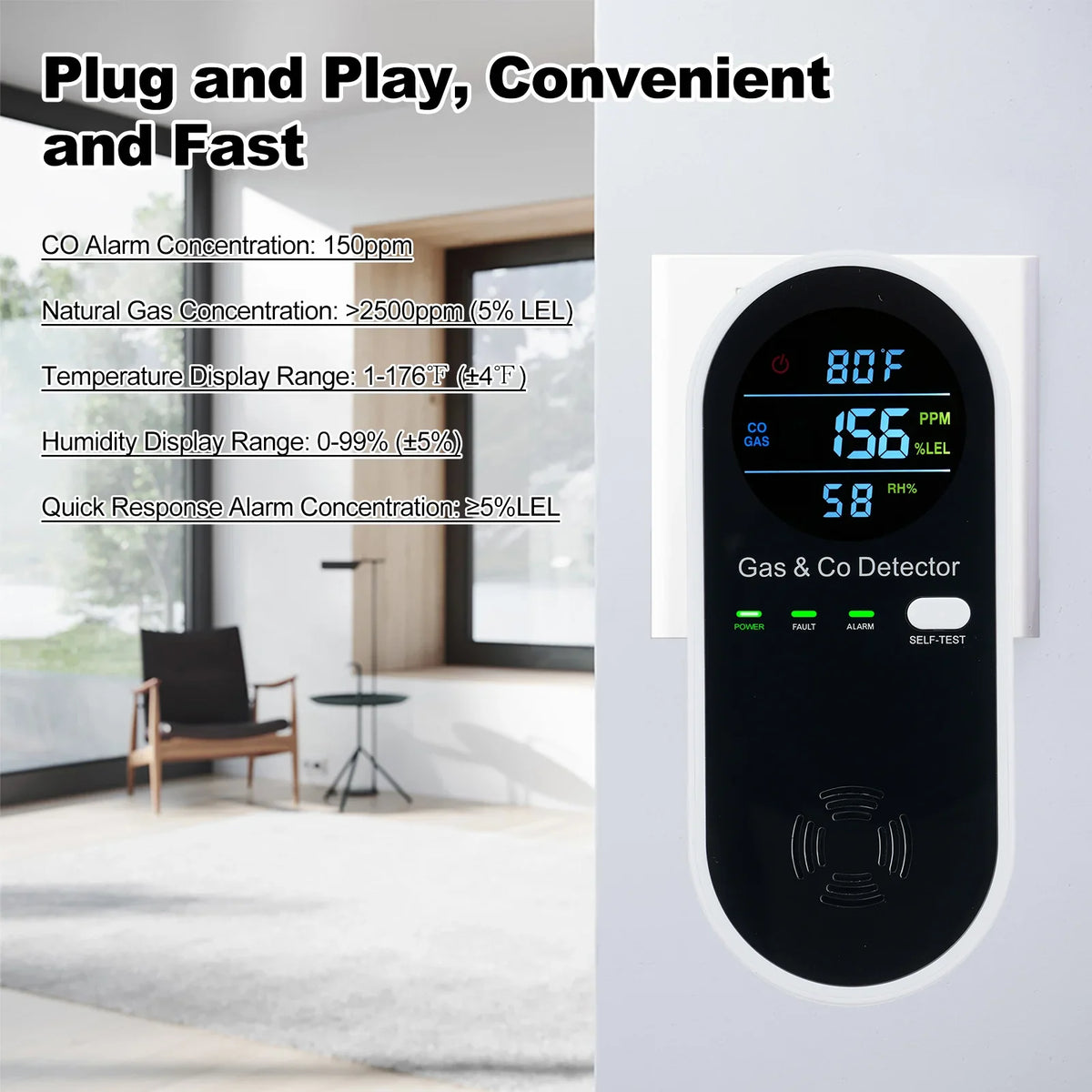 4 in 1 CO Monitor Alarm with LCD Display Carbon Monoxide & Natural Gas Combination Detector Plug in Wall Detectors CO & Natural
