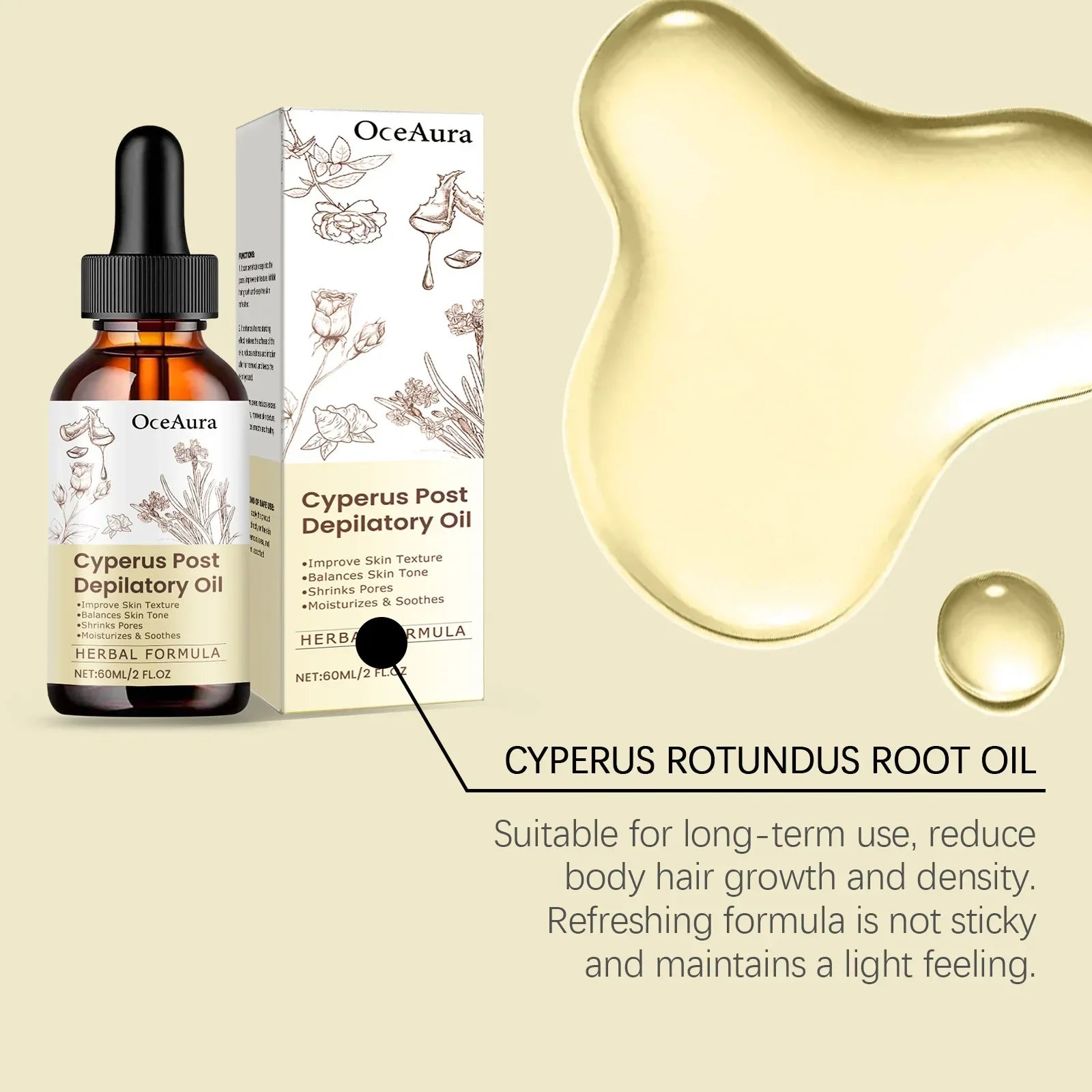 Cyperus Rotundus Hair Removal Care Oil Inhibit Hair Growth Reduce Redness Moisturizing Smoothing Repair Legs Arms Depilatory Oil