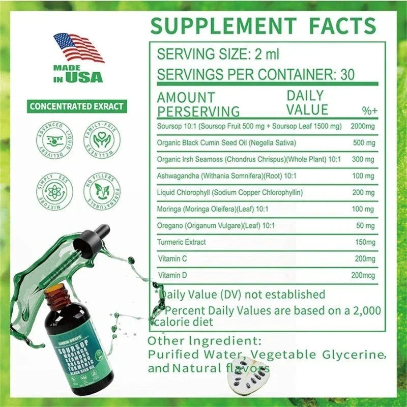 10 in 1 Soursop Bitters Liquid Drops with Sea Moss, Moringa, Turmeric, Black See