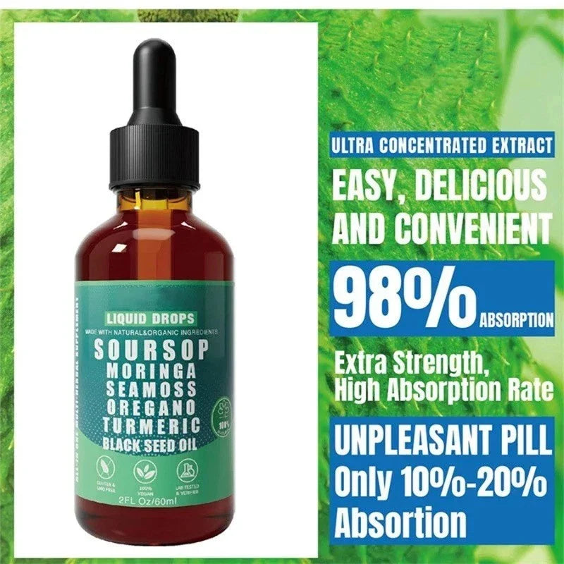 10 in 1 Soursop Bitters Liquid Drops with Sea Moss, Moringa, Turmeric, Black See