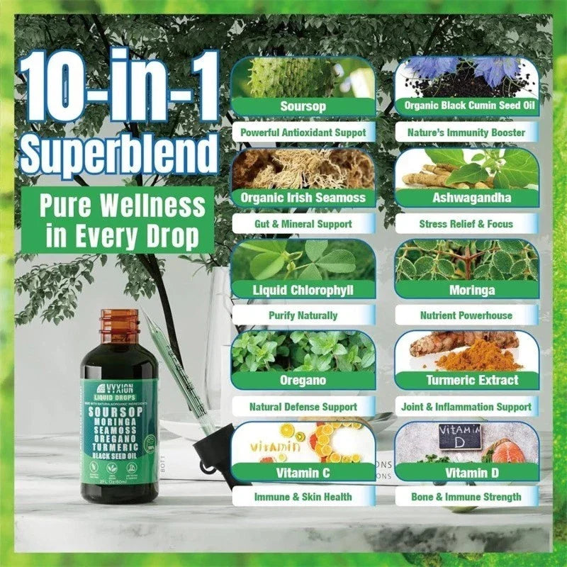 10 in 1 Soursop Bitters Liquid Drops with Sea Moss, Moringa, Turmeric, Black See