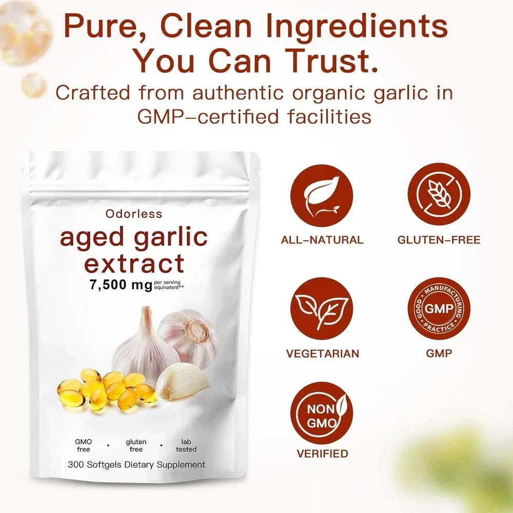 Odorless Garlic 7500mg Per Servings, 300 Softgels | 2 Years Aged Garlic Extra...